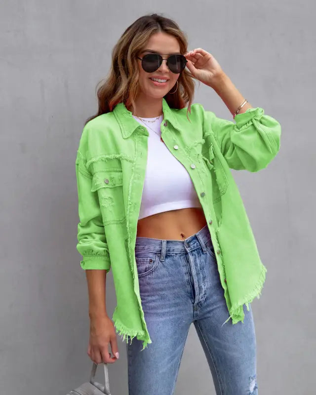 Vibrant distressed denim button-up shirt - apple green / 2xl - button up shirt