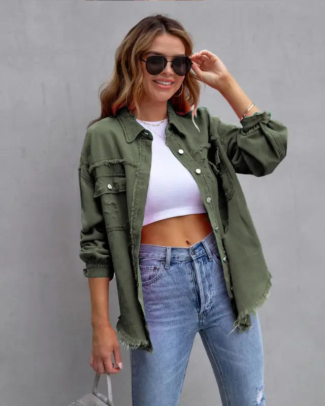 Vibrant distressed denim button-up shirt - army green / 2xl - button up shirt