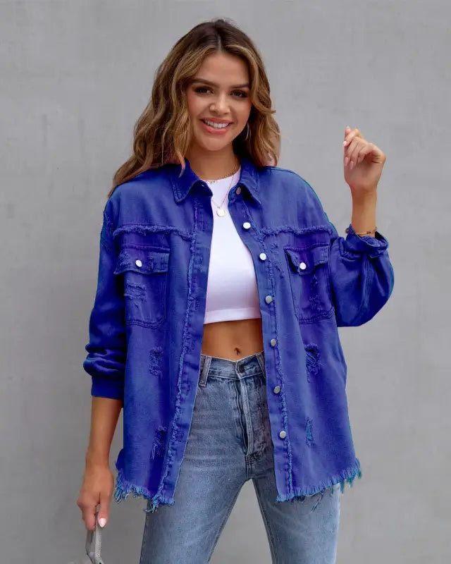 Vibrant distressed denim button-up shirt - blue / 2xl - button up shirt