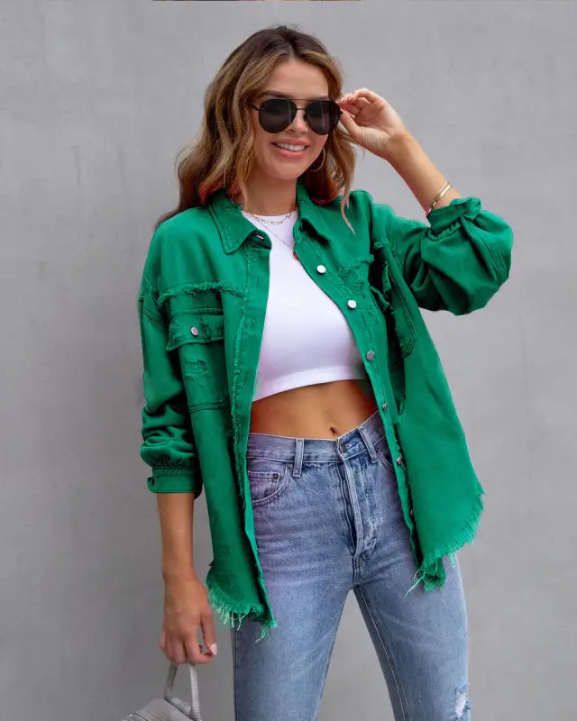 Vibrant distressed denim button-up shirt - green / 2xl - button up shirt