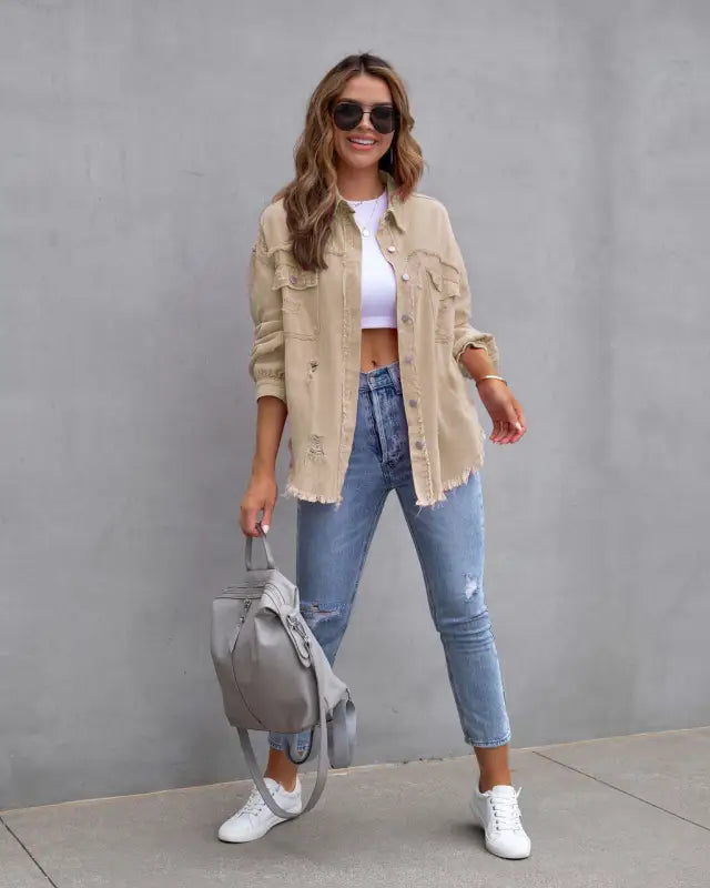 Vibrant distressed denim button-up shirt - khaki / 2xl - button up shirt