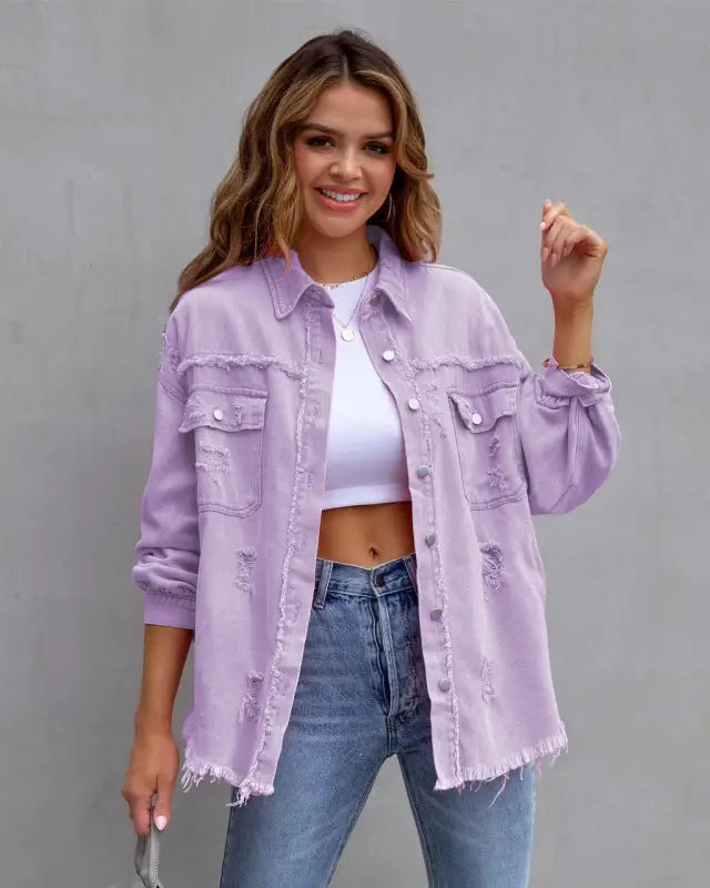 Vibrant distressed denim button-up shirt - light purple / 2xl - button up shirt