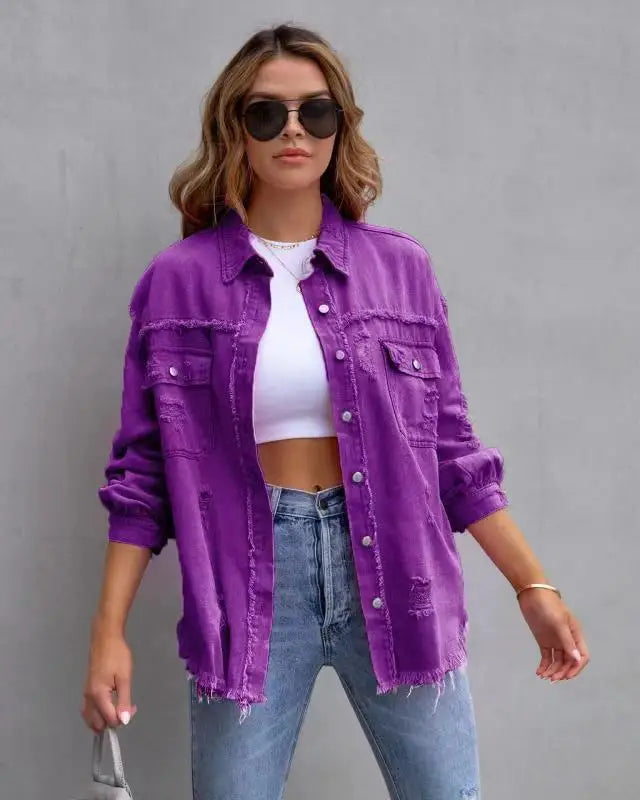 Vibrant distressed denim button-up shirt - purple / 2xl - button up shirt