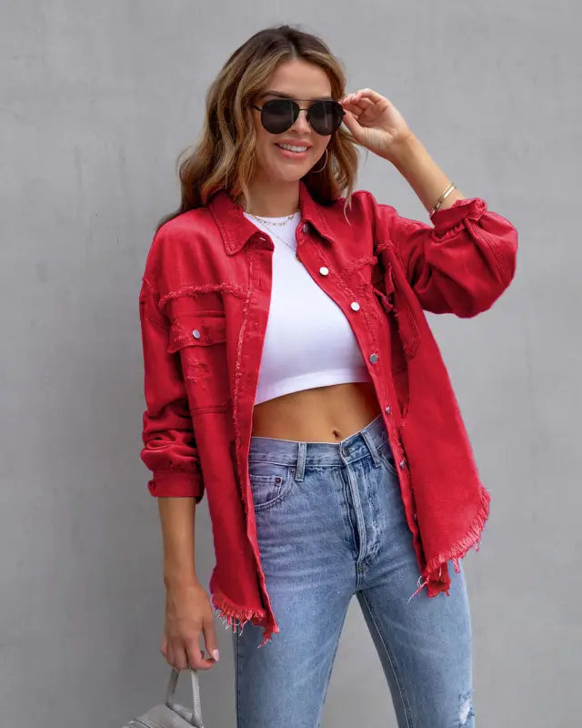 Vibrant distressed denim button-up shirt - red / 2xl - button up shirt