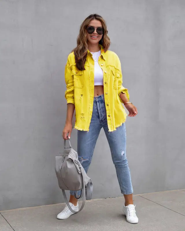 Vibrant distressed denim button-up shirt - yellow / 2xl - button up shirt