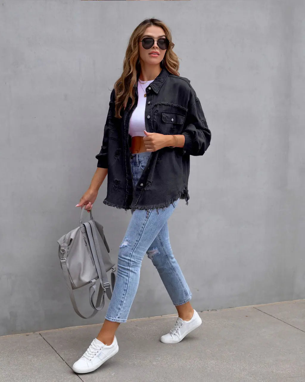 Vibrant distressed denim button-up shirt