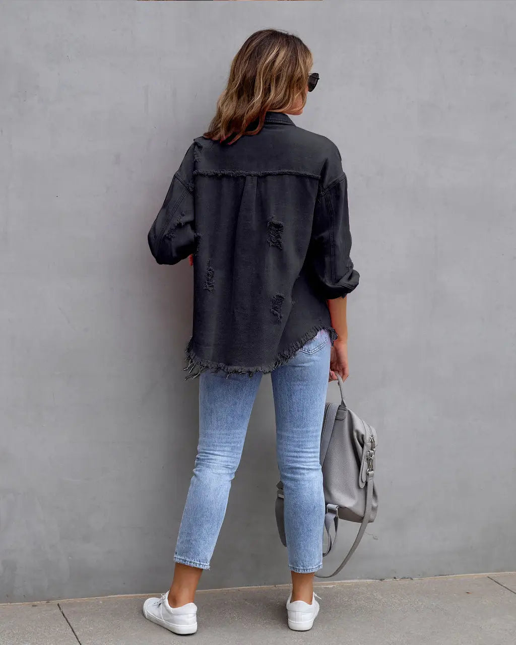 Vibrant distressed denim button-up shirt
