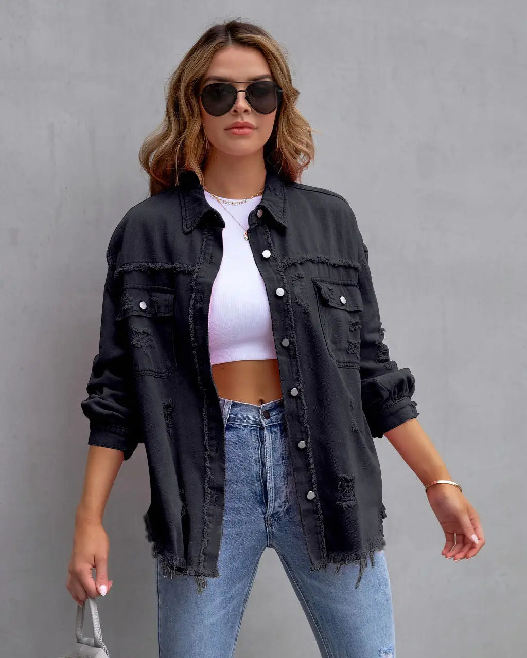 Vibrant distressed denim button-up shirt
