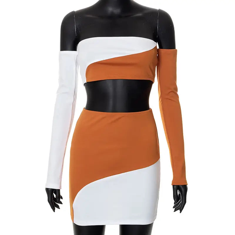 Chic dual-tone skirt set with long sleeves