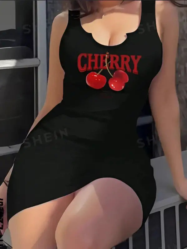 Cherry pattern fitted mini dress - black / 2xl - dress