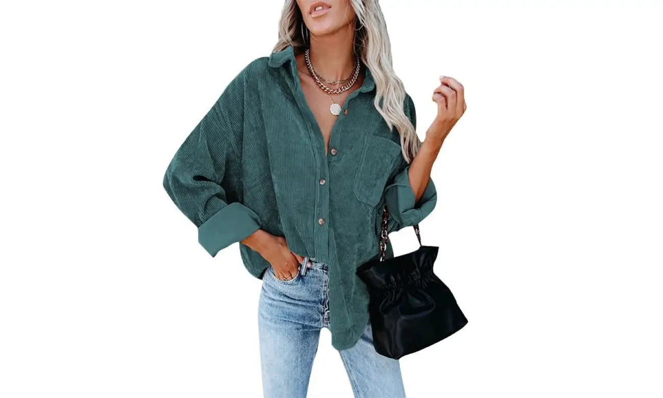 Chic corduroy pocket blouse: effortless everyday elegance - s / green - blouse