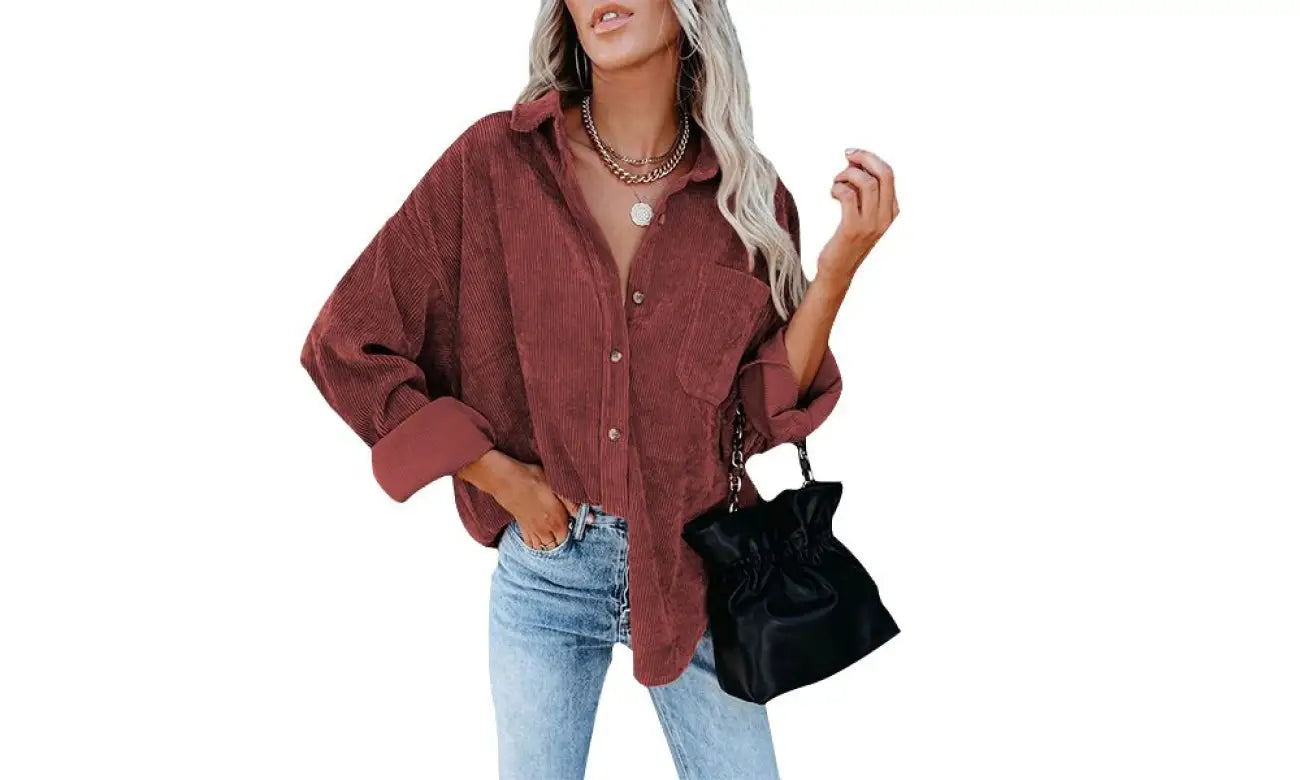 Chic corduroy pocket blouse: effortless everyday elegance - s / red - blouse