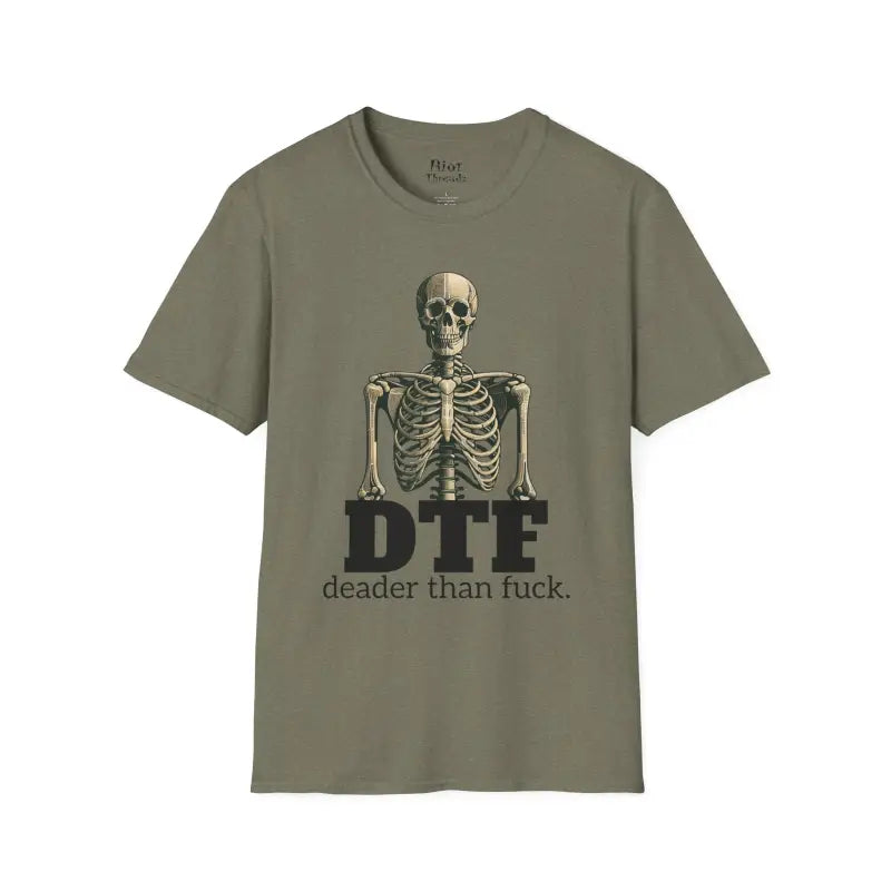 Chillin’ bones: dtf skeleton graphic tee - s / heather military green - t-shirt