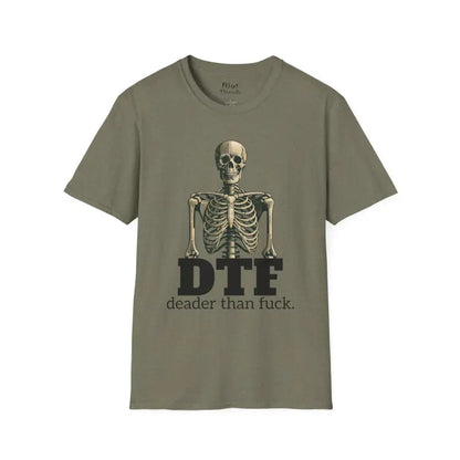 Chillin’ bones: dtf skeleton graphic tee - s / heather military green - t-shirt