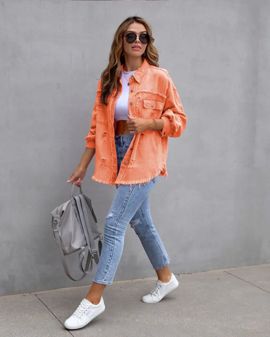 Vibrant distressed denim button-up shirt