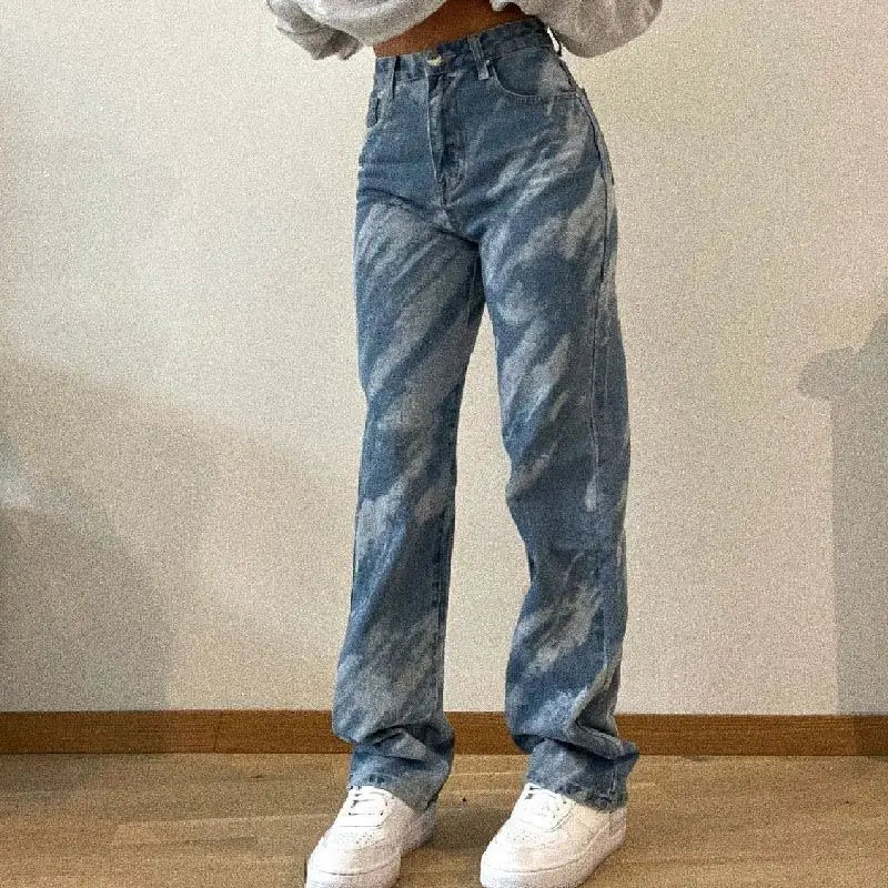 High waist straight cut denim jeans - acid washed - m / blue - jeans