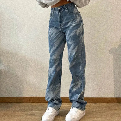 High waist straight cut denim jeans - acid washed - m / blue - jeans