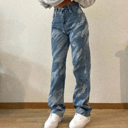 High waist straight cut denim jeans - acid washed - m / blue - jeans