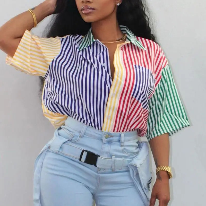 Retro striped button up shirt - xxl / colorful - button up shirt