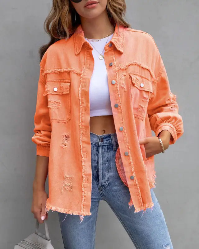 Vibrant distressed denim button-up shirt - orange / 2xl - button up shirt