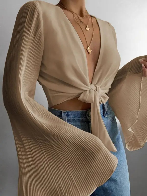 White tie cropped shirt with flared sleeves - tshirt