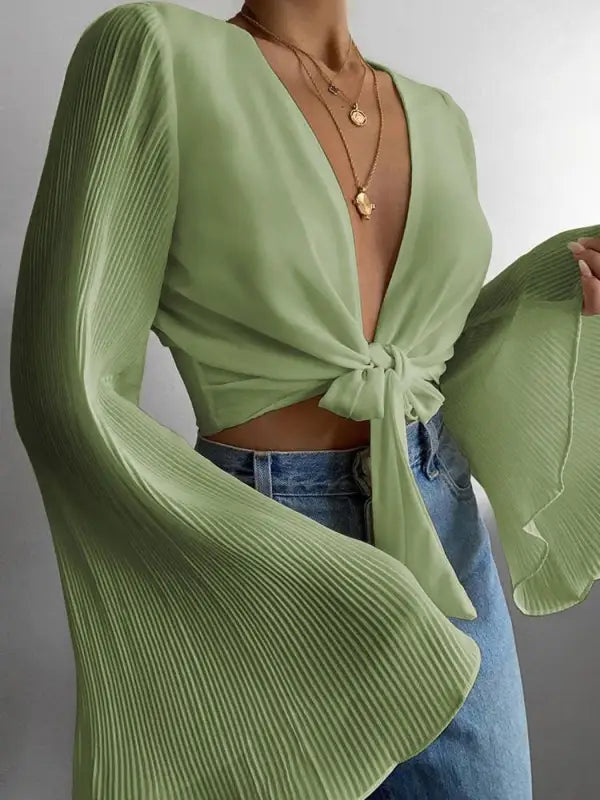 White tie cropped shirt with flared sleeves - xxl / green - tshirt
