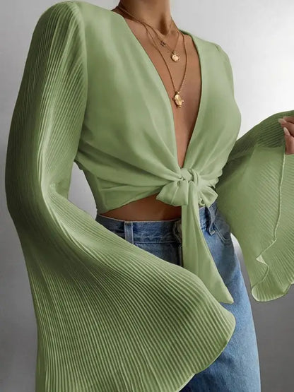 White tie cropped shirt with flared sleeves - xxl / green - tshirt
